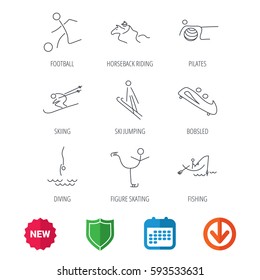 Pilates, football and skiing icons. Fishing, diving and figure skating linear signs. Ski jumping, horseback riding and bobsled icons. New tag, shield and calendar web icons. Download arrow. Vector