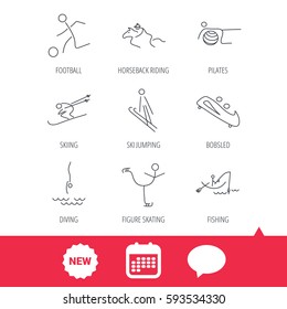 Pilates, football and skiing icons. Fishing, diving and figure skating linear signs. Ski jumping, horseback riding and bobsled icons. New tag, speech bubble and calendar web icons. Vector