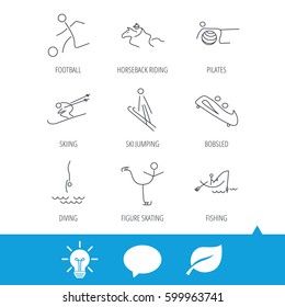 Pilates, football and skiing icons. Fishing, diving and figure skating linear signs. Ski jumping, horseback riding and bobsled icons. Light bulb, speech bubble and leaf web icons. Vector