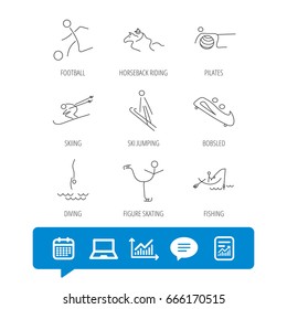 Pilates, football and skiing icons. Fishing, diving and figure skating linear signs. Ski jumping, horseback riding and bobsled icons. Report file, Graph chart and Chat speech bubble signs. Vector