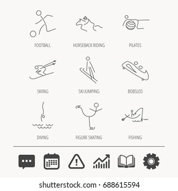 Pilates, football and skiing icons. Fishing, diving and figure skating linear signs. Ski jumping, horseback riding and bobsled icons. Education book, Graph chart and Chat signs. Vector