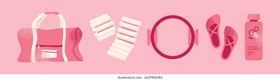 Pilates girl and yoga equipment reformer, mat, pilates ring, ball, blocks, water bottle, smoothie, resistance bands, headphones, gym bag, and activewear. Vector illustration isolated pink background