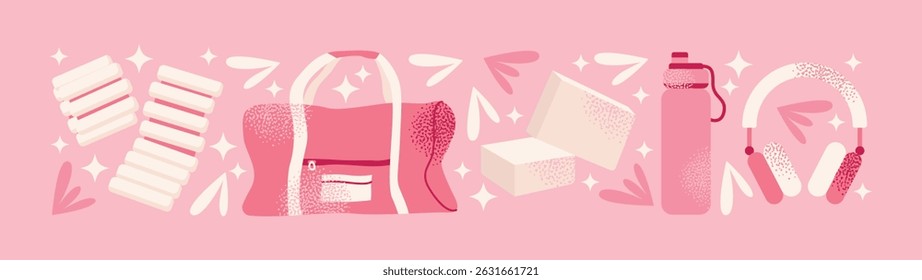 Pilates girl and yoga equipment reformer, mat, pilates ring, ball, blocks, water bottle, smoothie, resistance bands, headphones, gym bag, and activewear. Vector illustration isolated pink background
