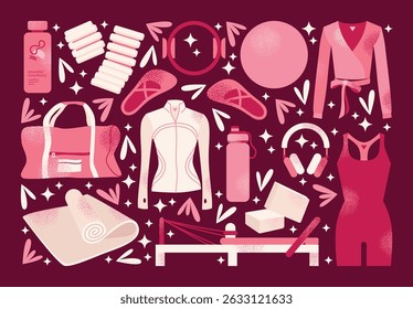Pilates girl and yoga equipment reformer, mat, pilates ring, ball, blocks, water bottle, smoothie, resistance bands, headphones, gym bag, and activewear. Vector illustration isolated dark background