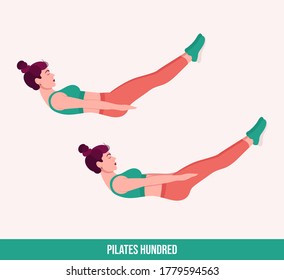 Pilates Hundred exercise, Woman workout fitness, aerobic and exercises. Vector Illustration.
