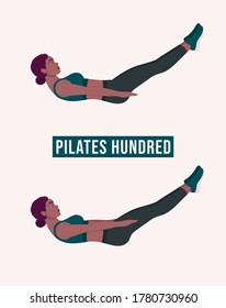 Pilates Hundred exercise, Woman workout fitness, aerobic and exercises. Vector Illustration.