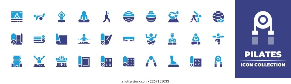 Pilates icon collection. Duotone color. Vector illustration. Containing yoga, exercise ball, meditation, ball, yoga ball, yoga mat, mat, relax, platform, yoga pose, low foldind mat, expander, balance.