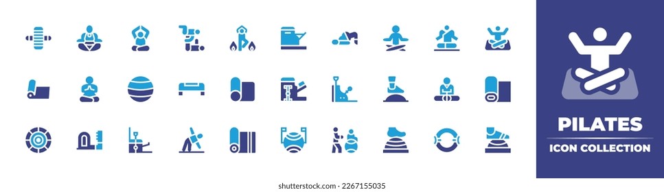 Pilates icon collection. Duotone color. Vector illustration. Containing roller, meditation, yoga, pilates chair, meditate, yoga mat, yoga ball, step, bosu ball, pilates disk, ladder barrel.