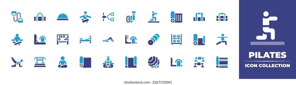 Pilates icon collection. Duotone color. Vector illustration. Containing expander, supplies, bosu ball, meditation, springboard, strap, stretch, yoga mat, wall bars, reformer, pilates, mat.