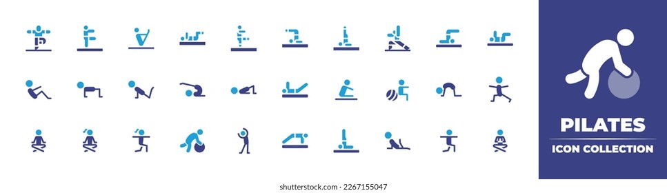 Pilates icon collection. Duotone color. Vector illustration. Containing yoga, stretch, boat, half, reverse, push up, corkscrew, shoulder, pilates, cat, warrior, exercise, half moon, single.