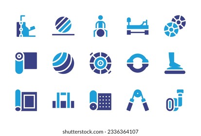 Pilates icon collection. Duotone color. Vector illustration. Containing pilates chair, pilates, disk, yoga, ball, resistance ring, balance, yoga mat, expander, strap. 