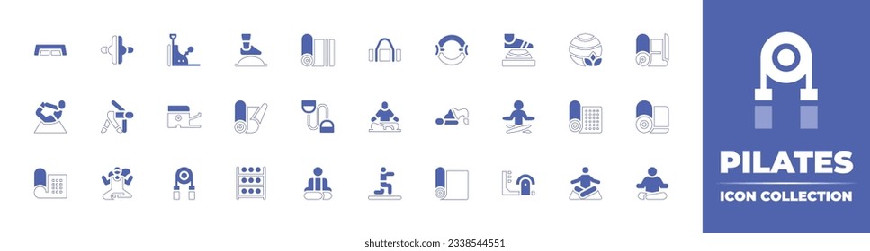 Pilates icon collection. Duotone style line stroke and bold. Vector illustration. Containing step, roller, pilates chair, bosu ball, yoga mat, supplies, resistance ring, yoga ball, yoga, and more.