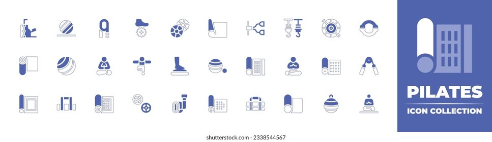 Pilates icon collection. Duotone style line stroke and bold. Vector illustration. Containing pilates chair, pilates, yoga strap, massage ball, pilates disk, yoga mat, springboard, hooks, and more.