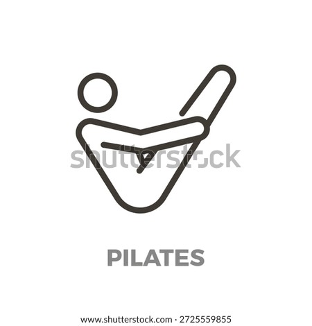 Pilates icon representing an exercise routine for fitness, health, and wellness, with a person performing a stretching pose. Vector thin line icon illustration with editable stroke