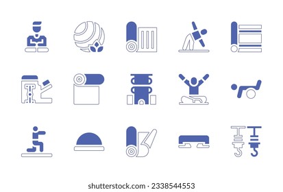 Pilates icon set. Duotone style line stroke and bold. Vector illustration. Containing yoga, ball, yoga mat, yoga pose, pilates chair, low foldind mat, exercise ball, stretch, bosu ball, platform.