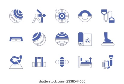 Pilates icon set. Duotone style line stroke and bold. Vector illustration. Containing exercise ball, yoga, pilates disk, resistance ring, expander, step, pilates ball, ball, yoga mat, balance, roller.