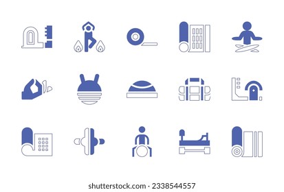 Pilates icon set. Duotone style line stroke and bold. Vector illustration. Containing ladder barrel, yoga, mat, yoga mat, meditation, yoga ball, ball, pilates, roller.