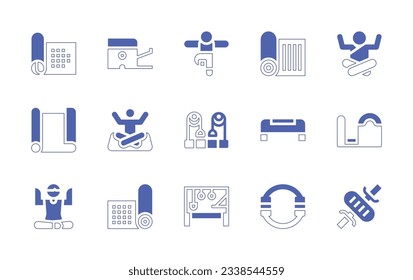 Pilates icon set. Duotone style line stroke and bold. Vector illustration. Containing yoga mat, pilates chair, yoga pose, carpet, yoga, pilates, step, ladder barrel, mat, reformer, wheel.