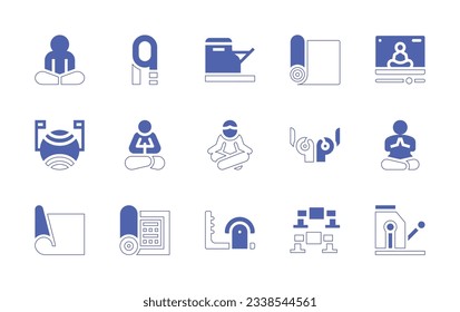 Pilates icon set. Duotone style line stroke and bold. Vector illustration. Containing meditation, yoga strap, pilates chair, pilates, yoga, pilates ball, yoga pose, yoga mat, ladder barrel, push up.