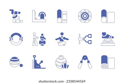 Pilates icon set. Duotone style line stroke and bold. Vector illustration. Containing yoga, wall bars, mat, pilates disk, yoga mat, resistance ring, pilates, meditation, springboard, bosu ball, pilate