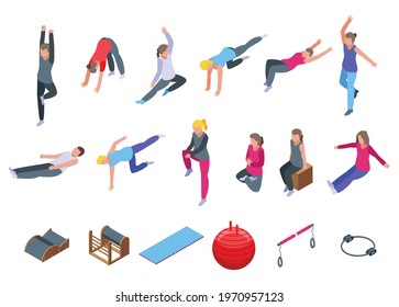 Pilates icons set. Isometric set of pilates vector icons for web design isolated on white background