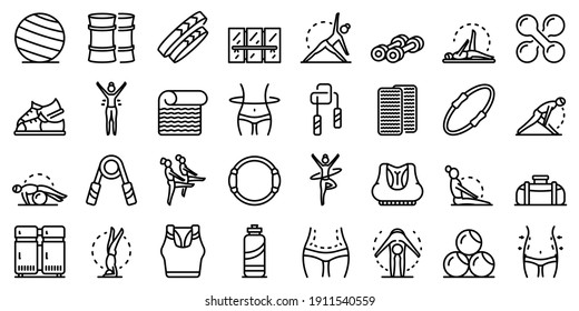 Pilates icons set. Outline set of pilates vector icons for web design isolated on white background