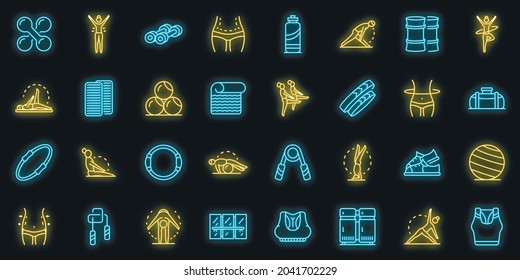 Pilates icons set. Outline set of pilates vector icons neon color on black