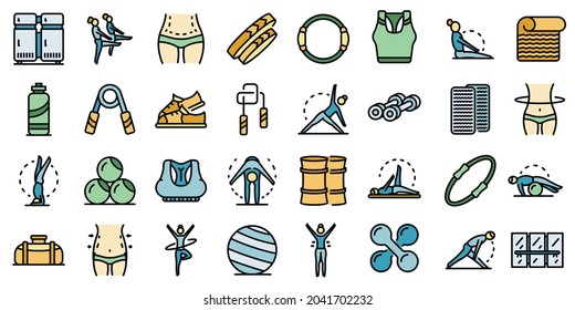 Pilates icons set. Outline set of pilates vector icons thin line color flat isolated on white