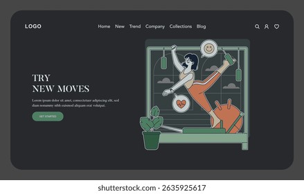 Pilates illustration depicting a person practicing on a reformer while surrounded by inspiring elements. This scene captures the essence of fitness, wellness, and personal growth through movement