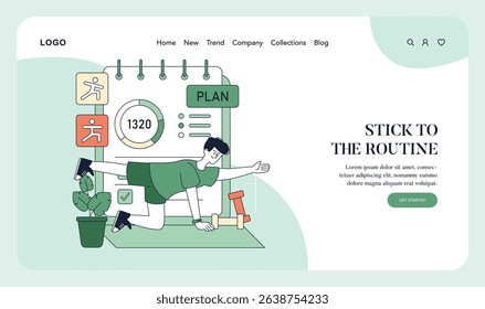 Pilates illustration featuring a person engaged in exercise at home, with planning tools and fitness icons. The focus is on maintaining an active lifestyle and supporting wellness routines. Vector