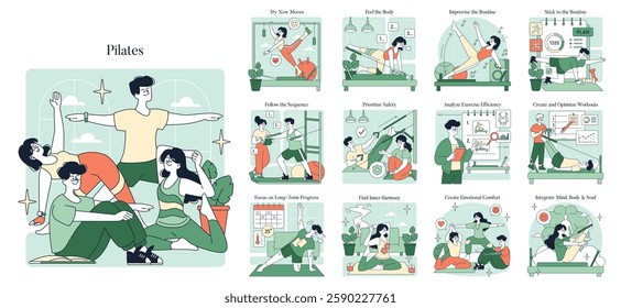 Pilates illustration highlights diverse exercises and practices. Features individuals engaging in movements, focusing on body awareness, safety, progress tracking, and emotional well-being in a