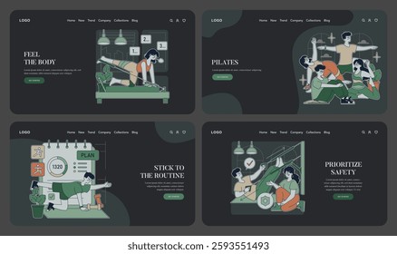 Pilates illustration set focusing on fitness routines and personal well-being. It highlights the importance of body awareness, planning workouts, and safety measures in exercise practices. Vector