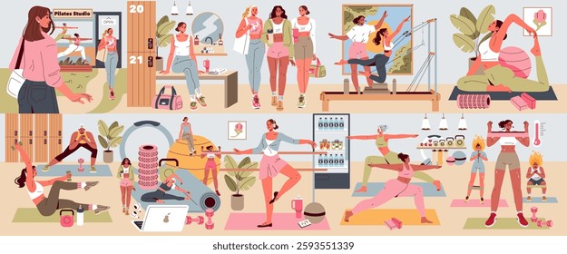 Pilates illustration showcasing a vibrant studio environment with diverse individuals exercising and socializing. Activities include mat work, equipment use, and fitness routines, highlighting