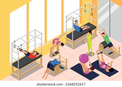 Pilata la composición isométrica con visión interior del gimnasio con aparatos deportivos y personajes de la ilustración vectorial de personas practicantes