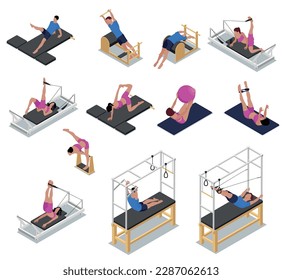 Pilates isometric set with isolated icons of gymnastic apparatus and human characters performing various stretching exercises vector illustration