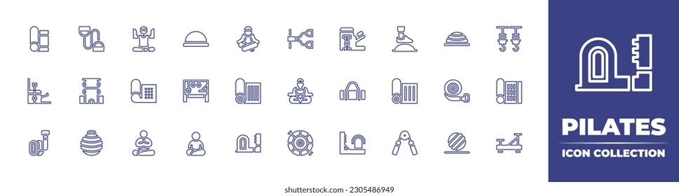 Colección de iconos de línea de Pilates. Trazo editable. Ilustración vectorial. Consta de estera, expansor, yoga, bola de vapor, resorte, silla de pilates, pelota de pilates, ganchos, trona, estera plegable baja, alfombra de yoga.