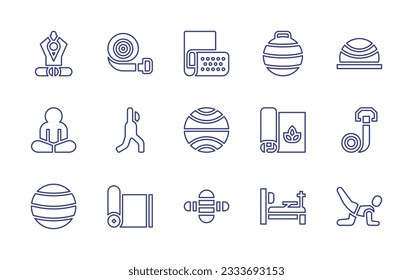 Pilates line icon collection. Editable stroke. Vector illustration. Containing lotus position, strap, yoga mat, yoga ball, bosu ball, meditation, yoga, ball, mat, roller, reformer, yoga pose.