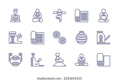 Pilates line icon collection. Editable stroke. Vector illustration. Containing yoga, meditation, yoga pose, carpet, pilates chair, yoga mat, pilates disk, pilates ball, bosu ball.