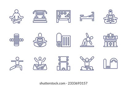 Pilates line icon collection. Editable stroke. Vector illustration. Containing meditation, fitness step, reformer, yoga, roller, yoga mat, yoga pose, low foldind mat, ladder barrel.