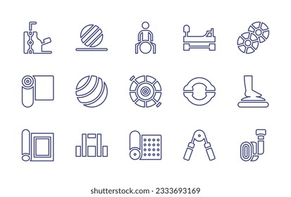 Pilates line icon collection. Editable stroke. Vector illustration. Containing chair, pilates, disk, yoga, pilates ball, resistance ring, balance, yoga mat, expander, strap.
