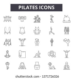 Pilates line icons, signs set, vector. Pilates outline concept, illustration: pilates,health,yoga,exercise,fitness,sport,healthy,body