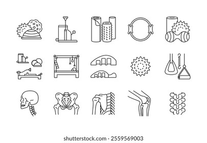 Pilates, line icons. Workout equipment for training - mat, foam roller, pilates ring and chain, balls. Bones and joints also - skull, knee, pelvic, spine. Linear illustration editable strokes.