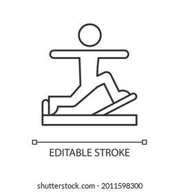 Pilates linear icon. Online fitness improvement. Physical and cultural workout. Thin line customizable illustration. Contour symbol. Vector isolated outline drawing. Editable stroke