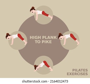 Pilates Moves Exercises High Plank to Pike Cute Cartoon Vector Illustration