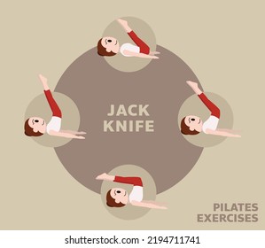 Pilates Mueve Ejercicios Jack Knife Cute Ilustración del Vector de Caricaturas