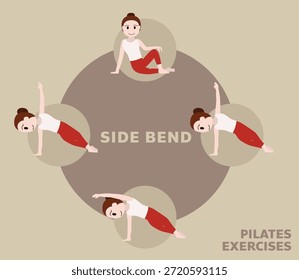 Pilates Moves Übungen Seitenbiegung Variation süße Cartoon Vektorgrafik