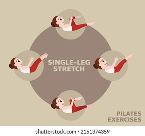 Pilates Moves Exercises Single-Leg Stretch Cute Cartoon Vector Illustration