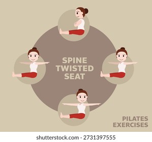 Pilates Mueve Ejercicios Columna Vertebral Asiento Torcido Linda Ilustración vectorial de Dibujos Animados