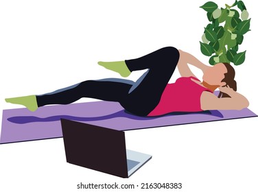 pilates online class with laptop on the floor. Wellbeing lifestyle activity at home isolated on transparent background
