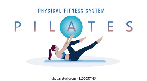 Pilates. Physical fitness system. Young woman on the carimate with ball.  Girl practicing pilates - Vector Flat Illustration isolated on white background.